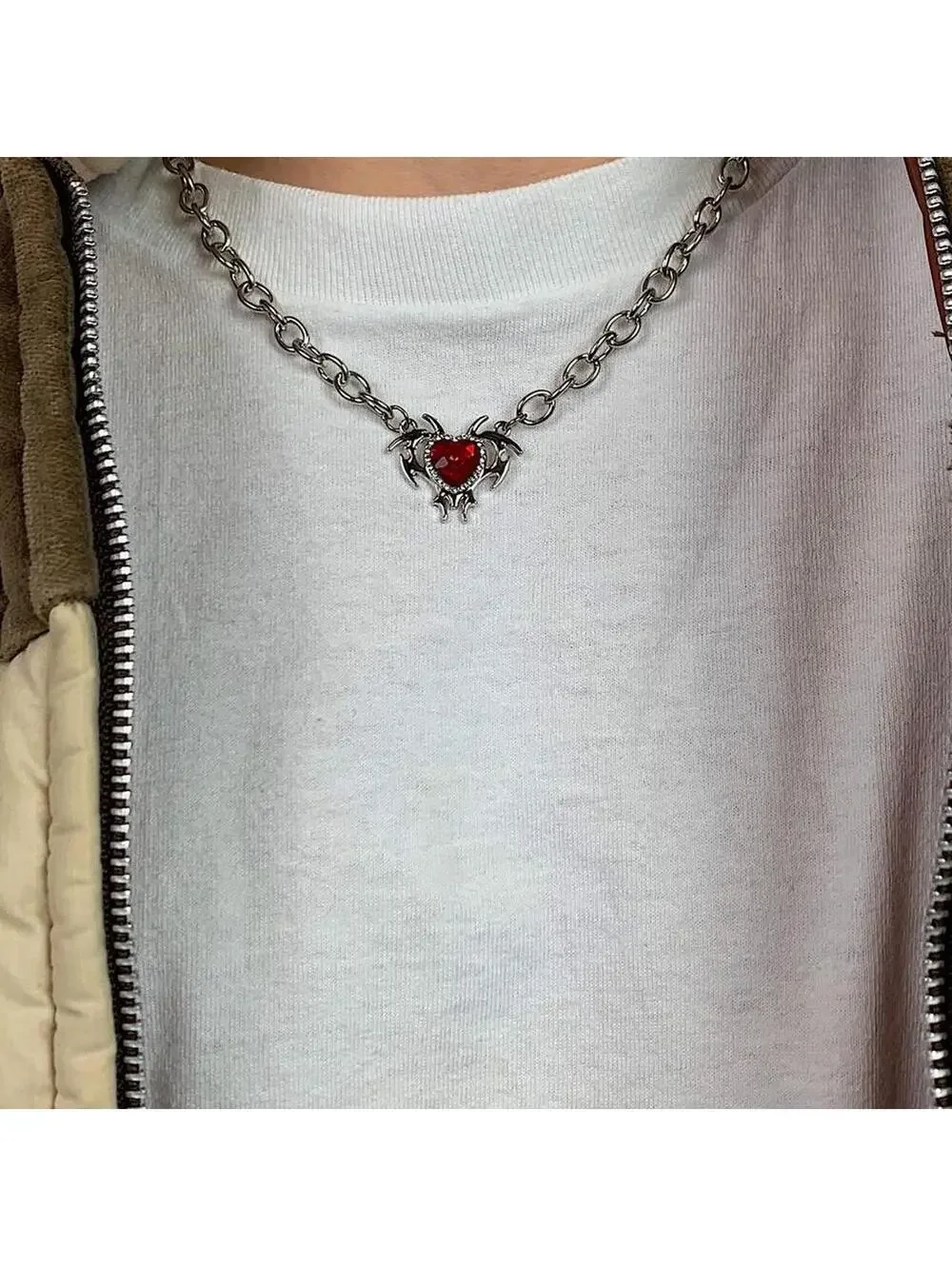 Cyber Red heart shaped opal love pendant thick chain y2k 2000s opium style neckl